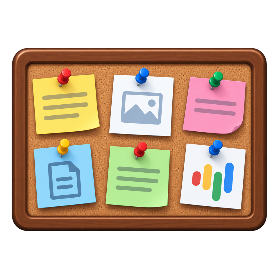 Un tablero de corcho con hojas y notas de colores, el ícono de Pilot Board